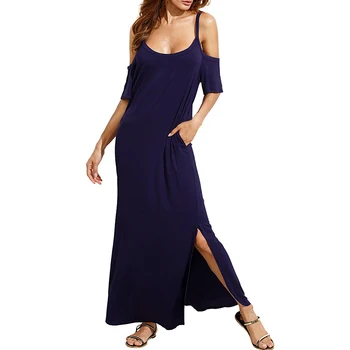 

Vintage 2020 Summer Women Maxi Long Dress Casual Solid Sexy Cold Shoulder Backless Short Sleeve Irregular Split Party Dresses