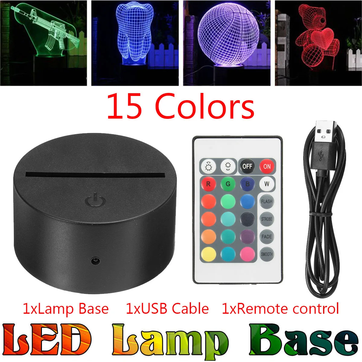 15 Colors USB Cable Touch Lamp Bases For 3D Night Light Replacement