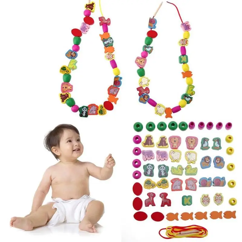 

60pcs/lot Baby Wooden Toys Cartoon Animal Toys Stringing Lacing Wooden Threading Beads Game Education for Girls