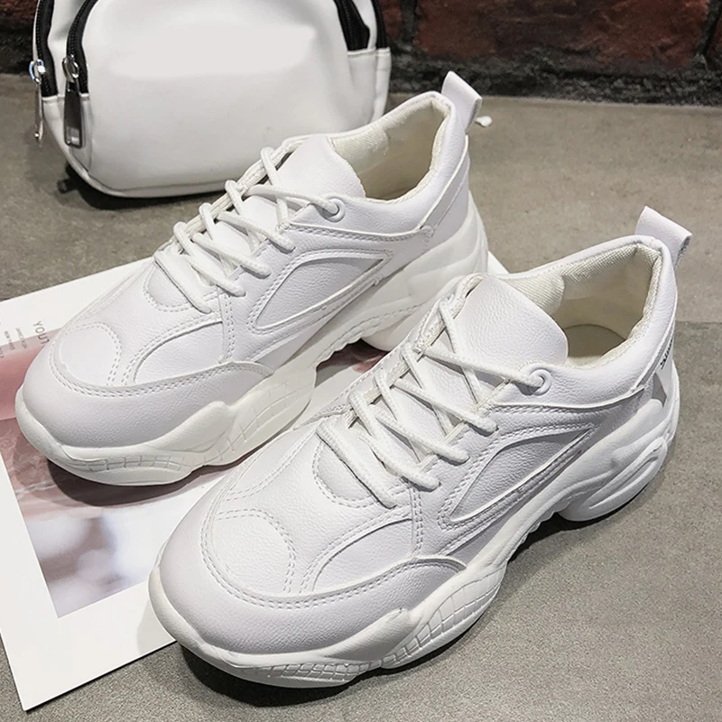 

Female Chunky Sneakers Spring Platform White Shoes Leather Baskets Dad Shoes Womens Sneakers 2019 Woman Trainer chaussures femme
