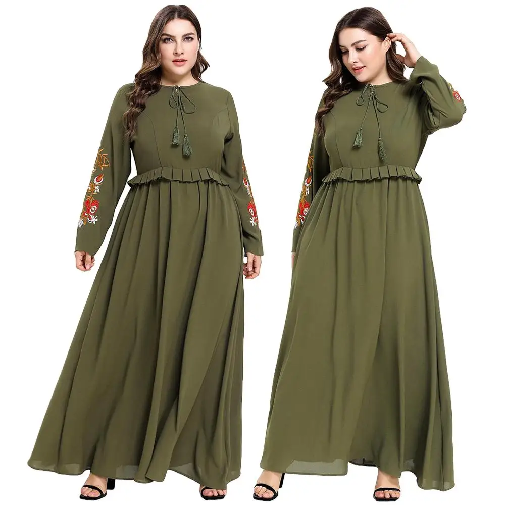 Дубай вышивка цветочные мусульманское платье макси для женщин абайя Коктейльные длинные халаты кафтан размера плюс рюшами шнурок свободное платье Рамадан