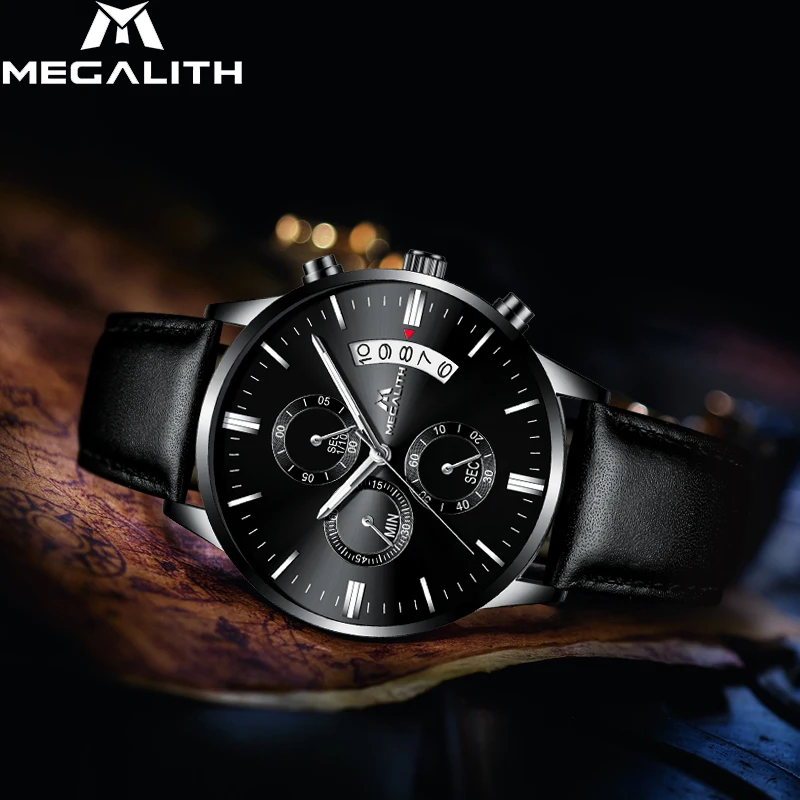 

MEGALITH Luxury Watch Men Sports Waterproof Chronograph Date Analogue Wristwatch Gents Fashion Casual Black Leather Quartz Watch