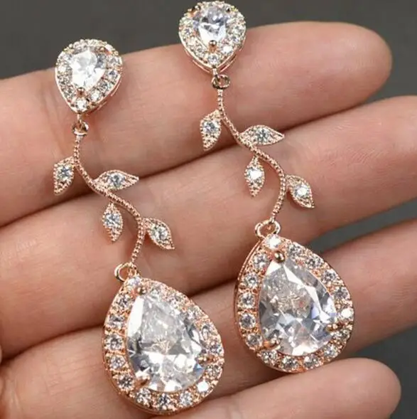 

Fashion Pear White Gem Long Drop Dangle Rose Gold Plant Earrings Wholesale