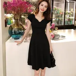 2019 корейский новый летний Винтаж женский, черный короткий рукав платье с v-образным вырезом Вечеринка платье трапециевидной формы