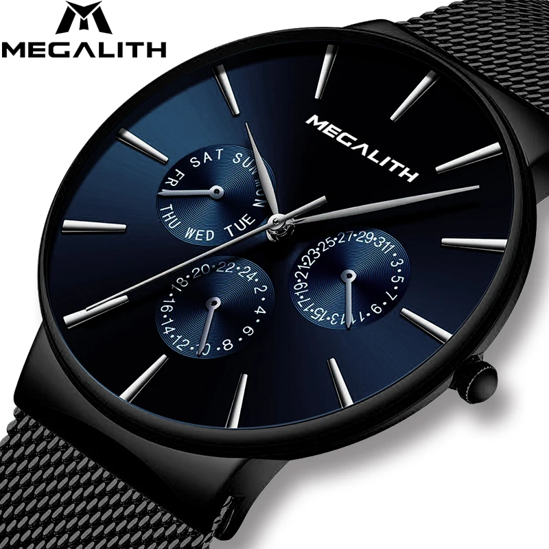 

MEGALITH Fashion Simple Design Men Watch Waterproof Ultra Thin Mens Wrist Watches Black Steel Mesh Wrist Watches For Men Clock