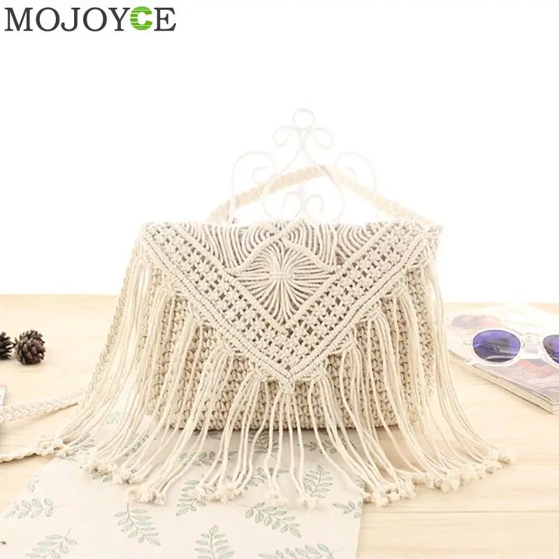 القش حقيبة المرأة رسول حقيبة كتف شعبية الصيف القطن حبل جوفاء شرابة حمل النساء الحياكة Crossbody أكياس حقيبة يد