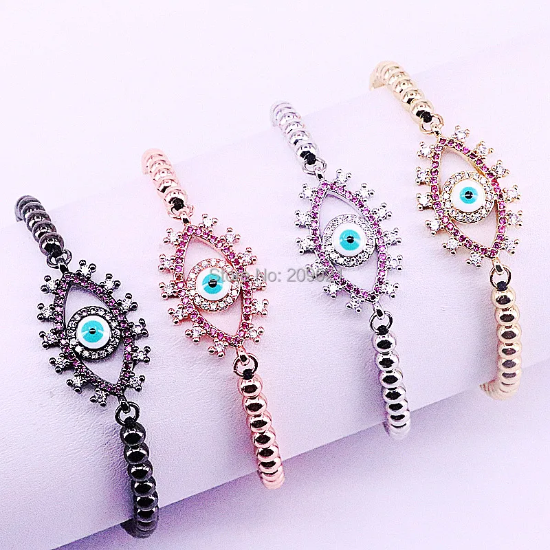 

10Pcs Woman bracelet Pave Setting white CZ Eye Connector with 4mm Round Bead Braiding Macrame Bracelets Trendy Jewelry