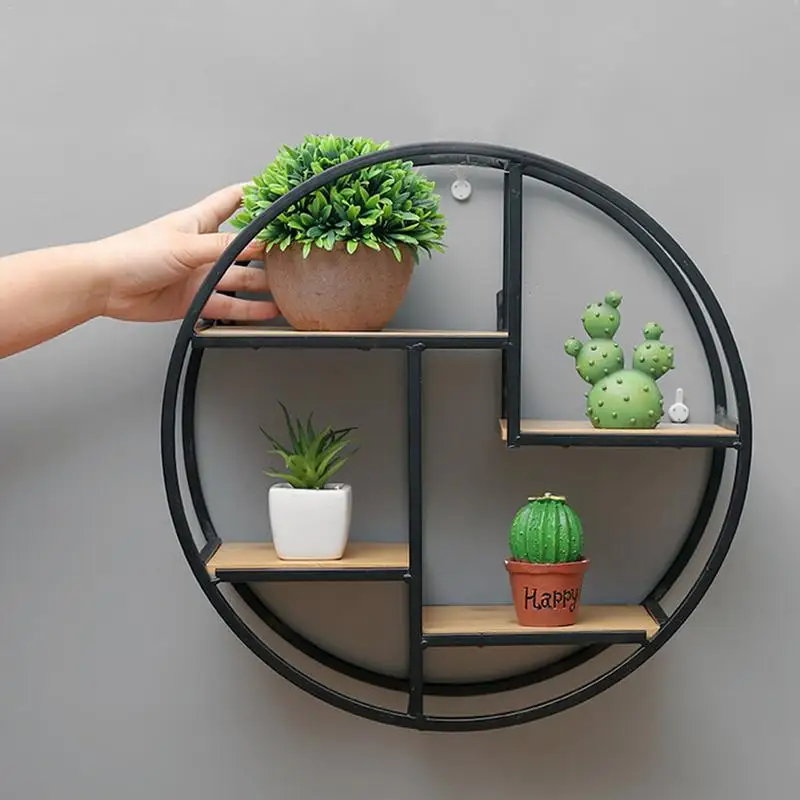 

Creative Home Solid Wood Wall Hanging Wrought Iron Wall Rack Round Wall Flower Stand Background Wall Decoration