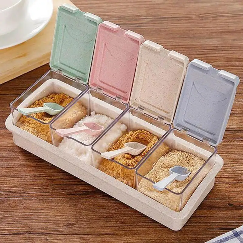 

4 Grids Kitchen Condiment Pepper Box Wheat Straw Spice Box Spice Jar Seasoning Storage Box Condiment Cruet Storage Container