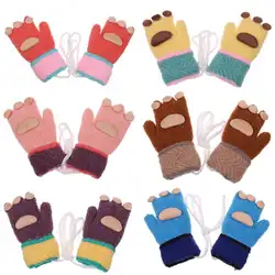 Милые Детские флисовые теплые варежки для мальчиков и девочек, вязаные перчатки с рисунком медведя и ладони