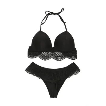 

ITFABS Sexy Bikini Swimwear Women 2019 Beach Push Up Padded Solid black lace Swimsuit Bathing Suit biquini bikinis set