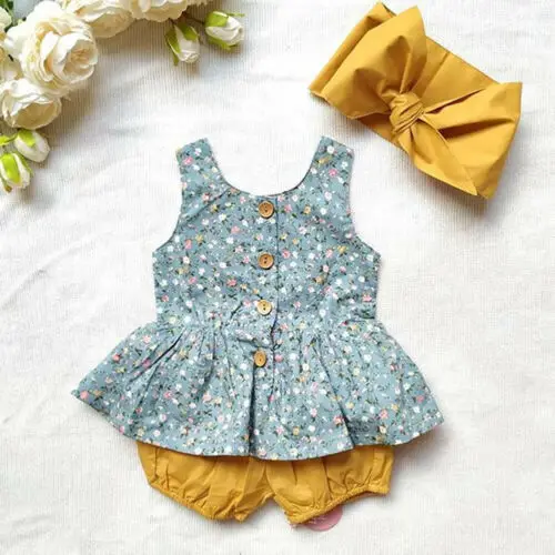 

Newborn Baby Girl Summer Outfits Floral Sleeveless Button Down Ruffle Dress Top+Shorts Pants+Headbands Clothes Set 0-24M