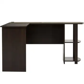 

L-Shaped Wood Right-angle Computer Desk with Two-layer Bookshelves Dark Brown