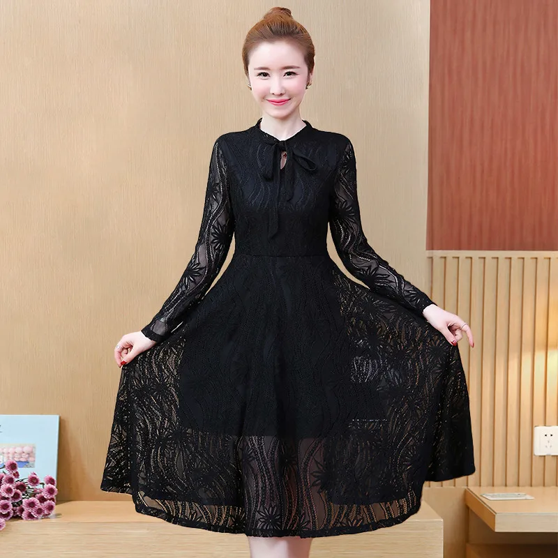 

Spring Fashion O Neck Lace Dress Women Long Sleeve Elegant Sexy Hollow Out Ladies Dresses Casual Office Party Dress Plus Size