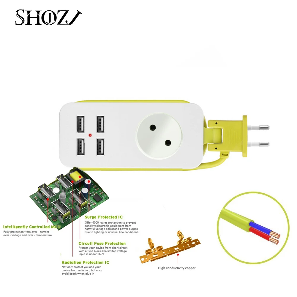 Дешево Новый Мощность полосы 1 2 ЕС Plug 1200 Вт 250 В 4 USB Порты и разъёмы 2A Выход, Стабилизатор напряжения стены несколько разъем Портативный Smart Зарядное ...
