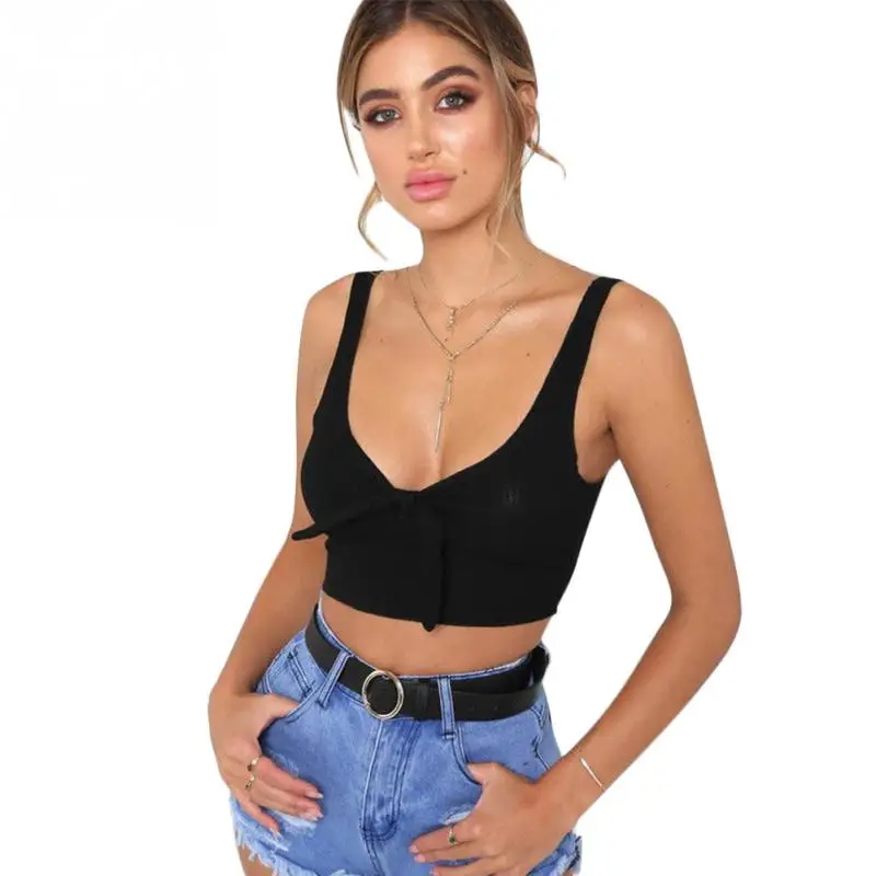 2019 Womens Sexy Short Tank Top Knot Design Solid Color Low Cut Vest Ladies Crop Tops #1020 | Женская одежда