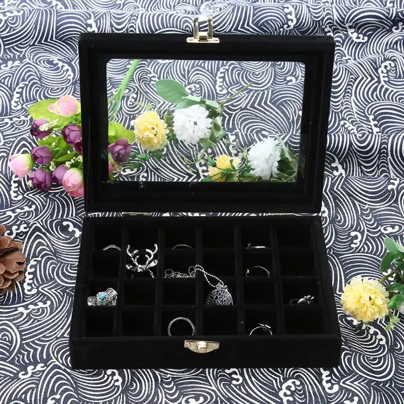 2019 Velvet Jewelry Box 20x15 x 4.5cm Jewelry Tray Holder Storage Jewelry Organizer 24 Grids Ring Ear Studs Jewelry Box