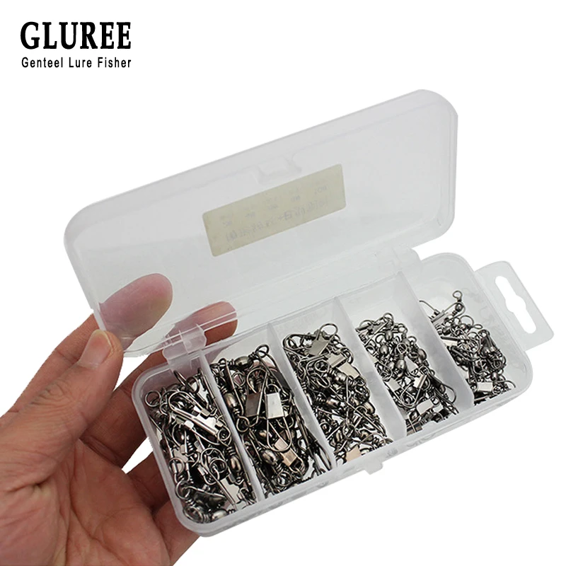 

GLUREE 100Pcs/Set 2#-10# Stainless Steel Fishing Swivels Interlock Snap Hook Lure Connectors Solid Ring Fishing Gear Tackle