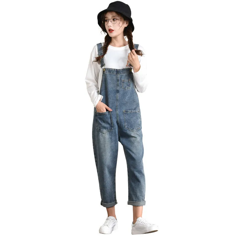 

Korean Style Women Loose Strap Denim Jumpsuit Female Fashion Solid All-match Casual Pocket Trousers Plus Size 6XL