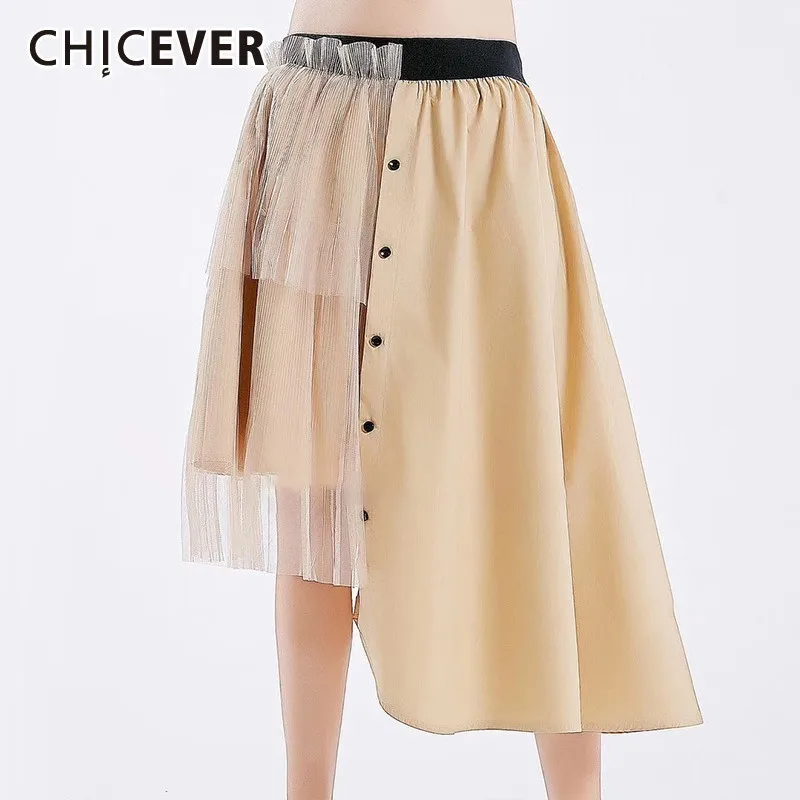 

CHICEVER Summer Casual Patchwork Mesh Women Skirt Elastic High Waist Button Loose Asymmetrical Hem Mid Calf Skirts 2019 Fashion