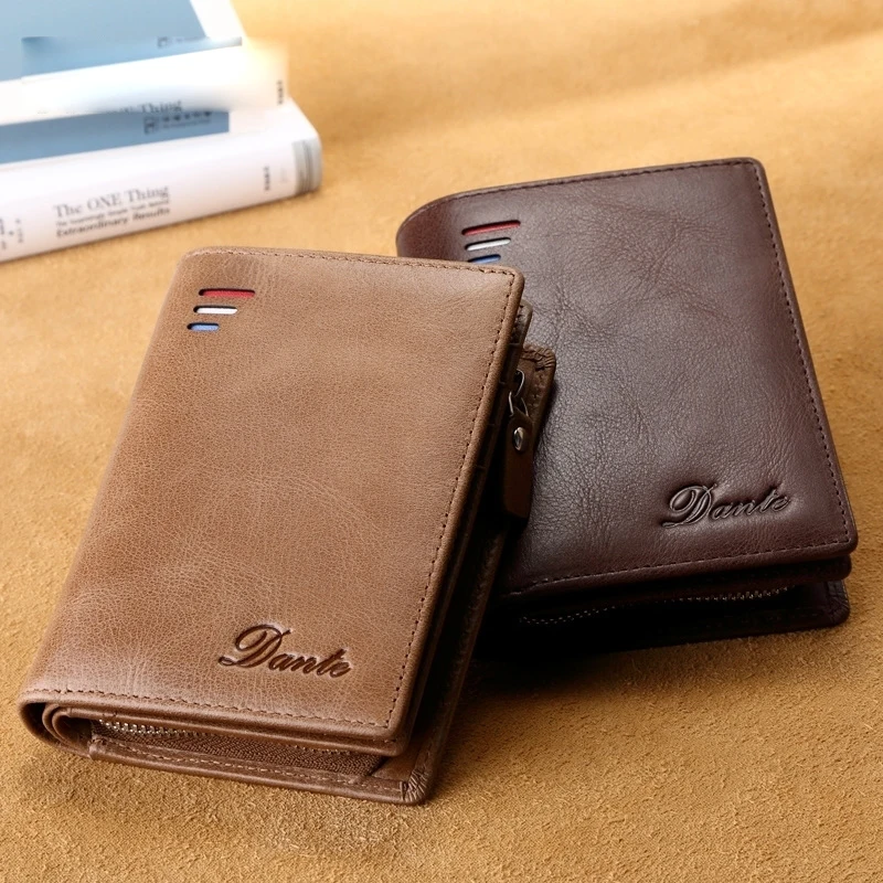 

Men's Short Leather Zipper Retro Wax Oil Head Layer Cowhide Vertical Wallet Multi-Card Leather Multi-Function Wallet Men