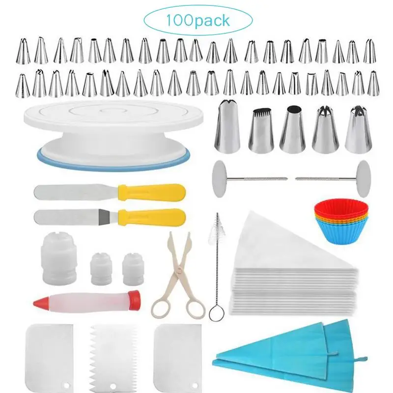 

100PCs/Set Cake Decorating Supplies With Cake Turntable Rotating Turntable Piping Tip Nozzle Pastry Bag Set DIY Cake Baking Tool