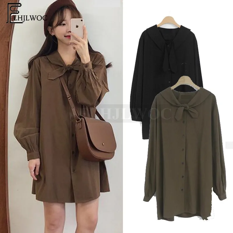 

Cute Sweet Mini Dresses Hot Sales Women Japan Korean Design Casual Bow Tie Knot Little Black Loose Tunic Button Shirt Dress