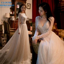 Сексуальное свадебное платье с открытой спиной и v-образным вырезом А-образное кружевное свадебное платье с кристаллами и бисером Vestige De Noiva Chapel Train