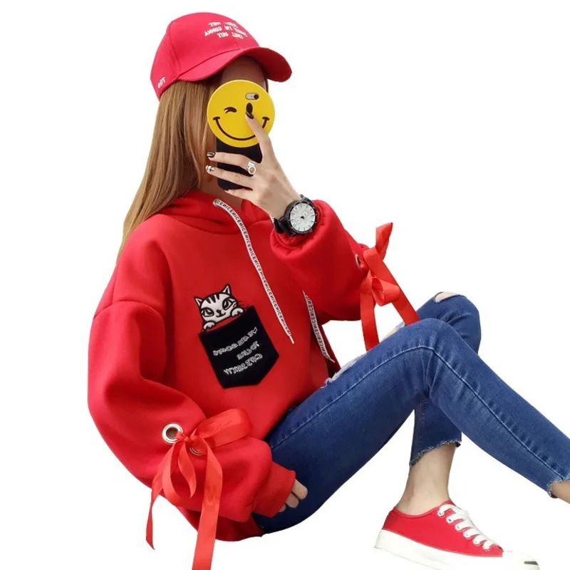 Женские толстовки с капюшоном в японском стиле Харадзюку Kitty In Pocket плотные теплые