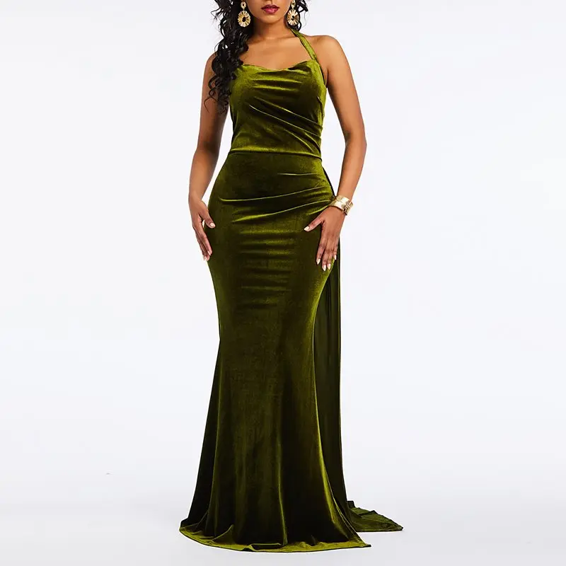 

2019 Party Halter Maxi Dress Women Velvet Mermaid Evening Elegant Lace Up Backless Robe Vintage Simple Sexy Bodycon Long Dresses