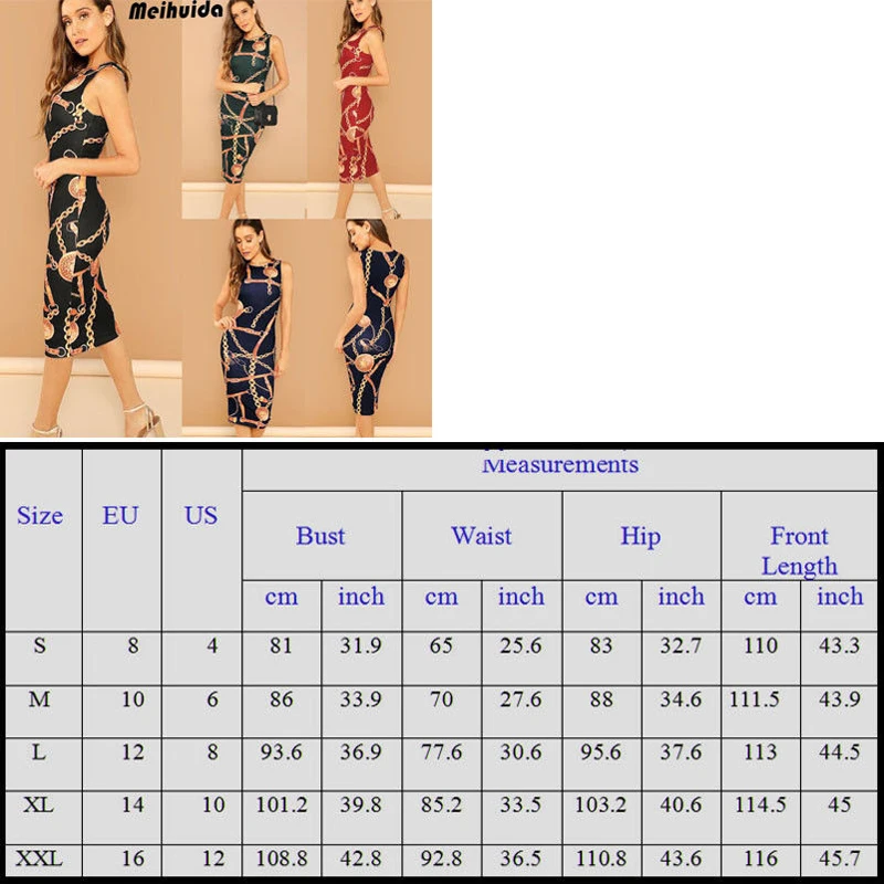 Women Chain Print Bodycon Tank Elegant Bodycon Dress Womens New Spring Sleeveless Midi Dress Office Fashion Dresses