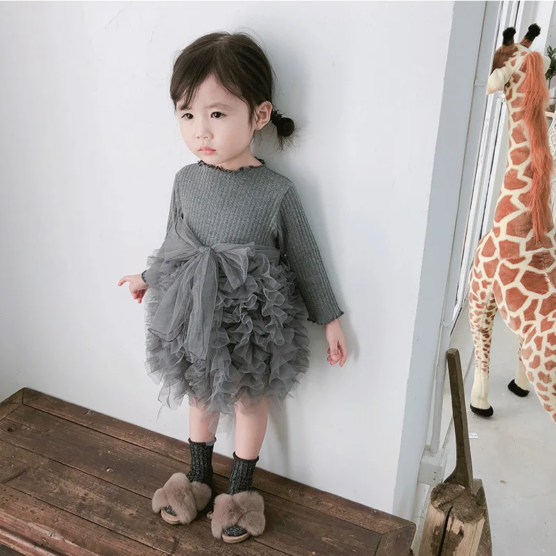 

2019 0-4 Years Autumn Baby Split Joint Jacobs Skirts Bow Long Sleeve Girl Knitting Dress Small And Medium Children's Garment