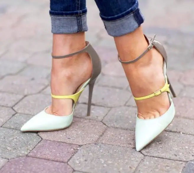 

New arrival closed toe patchwork high heel pumps fashion double buckle strap summer pumps party dress shoes woman women free shi
