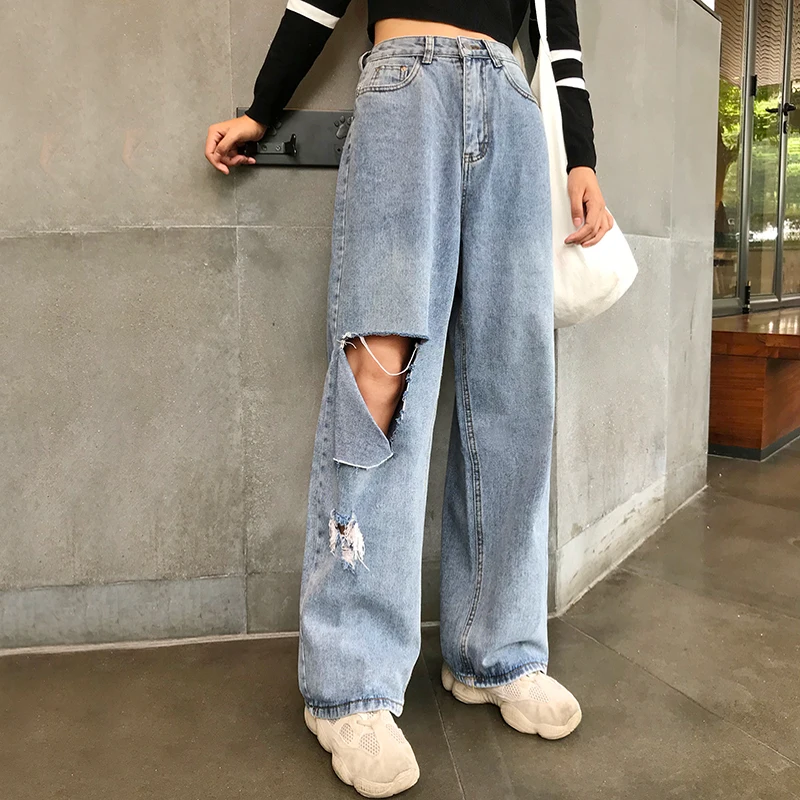 

Women Vintage Pockets Casual Wide Leg Pant Loose Boyfriend Jeans Female Washed High Waist Ripped Hole Trousers