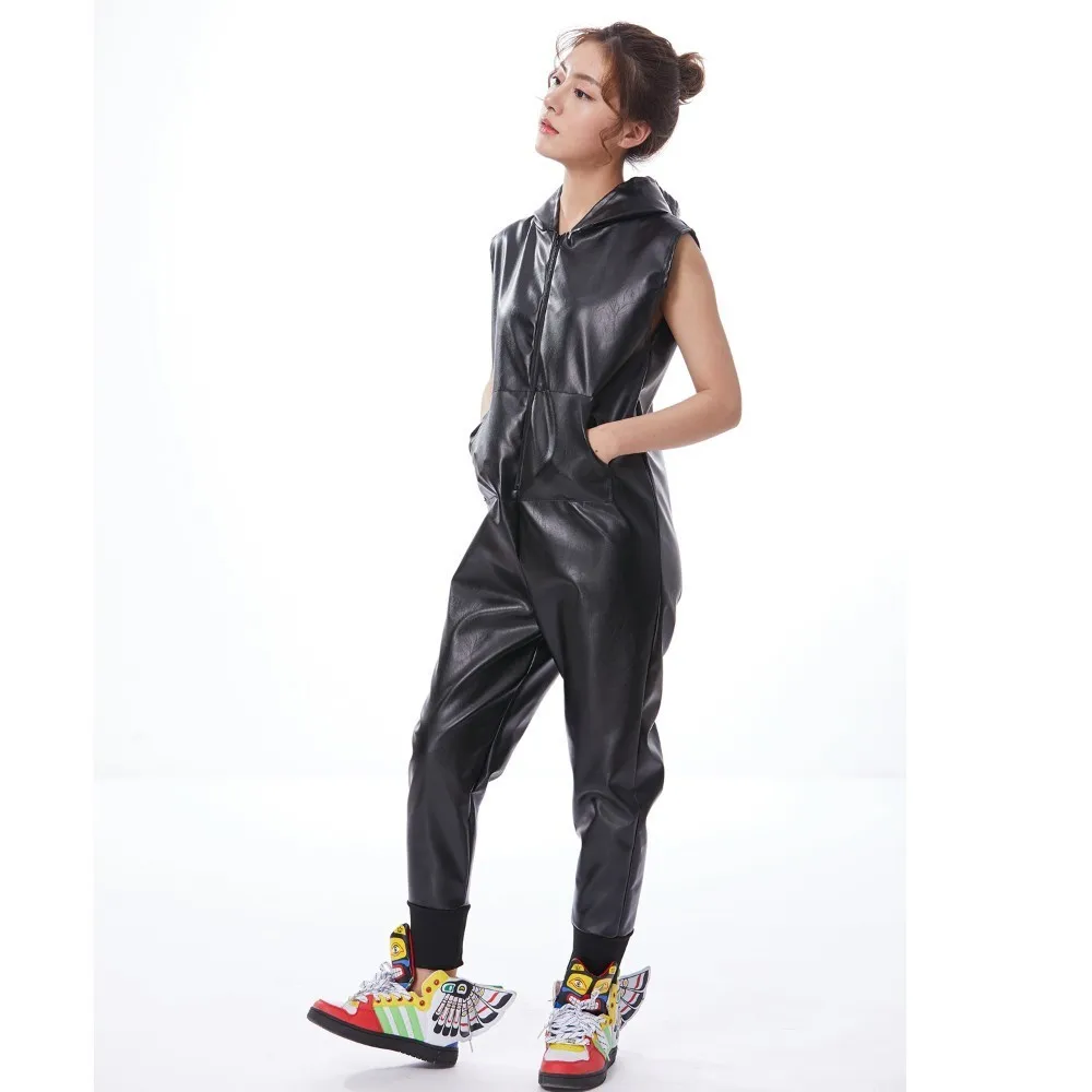 Heroprose, новая мода, хип-хоп танцевальный костюм, одежда для выступлений, Европейский Свободный комбинезон, черный, искусственная кожа, цельные штаны