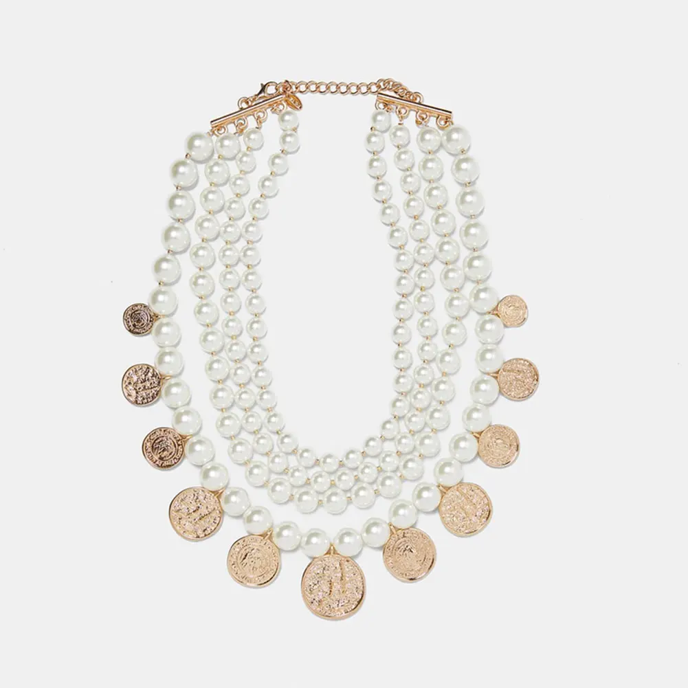 

Flatfoosie ZA Simulated Pearl Choker Necklace For Women Fashion Gold Color Coin Pendant Statement Wedding Party Necklace Jewelry