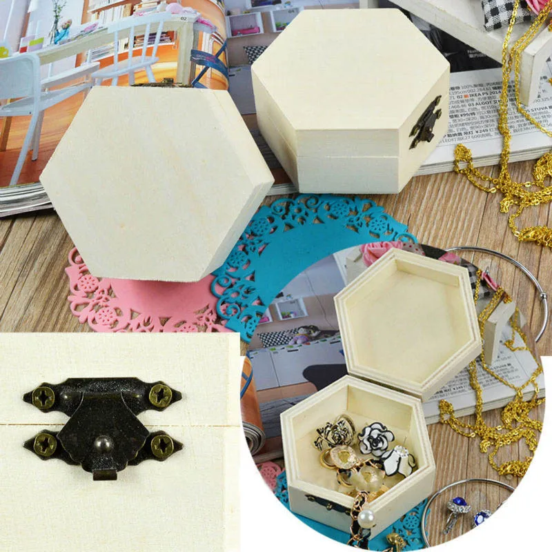 1Pcs Multifunction Postcard Organizer Handmade Craft Home Storage Boxes Hexagon/Rectangle Shaped Vintage Wooden Box Jewelry Case
