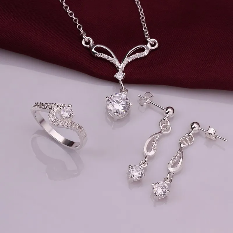 

925Sterling Silver Crystal Geometry Earrings Rings Necklace Jewelry Sets S717-C