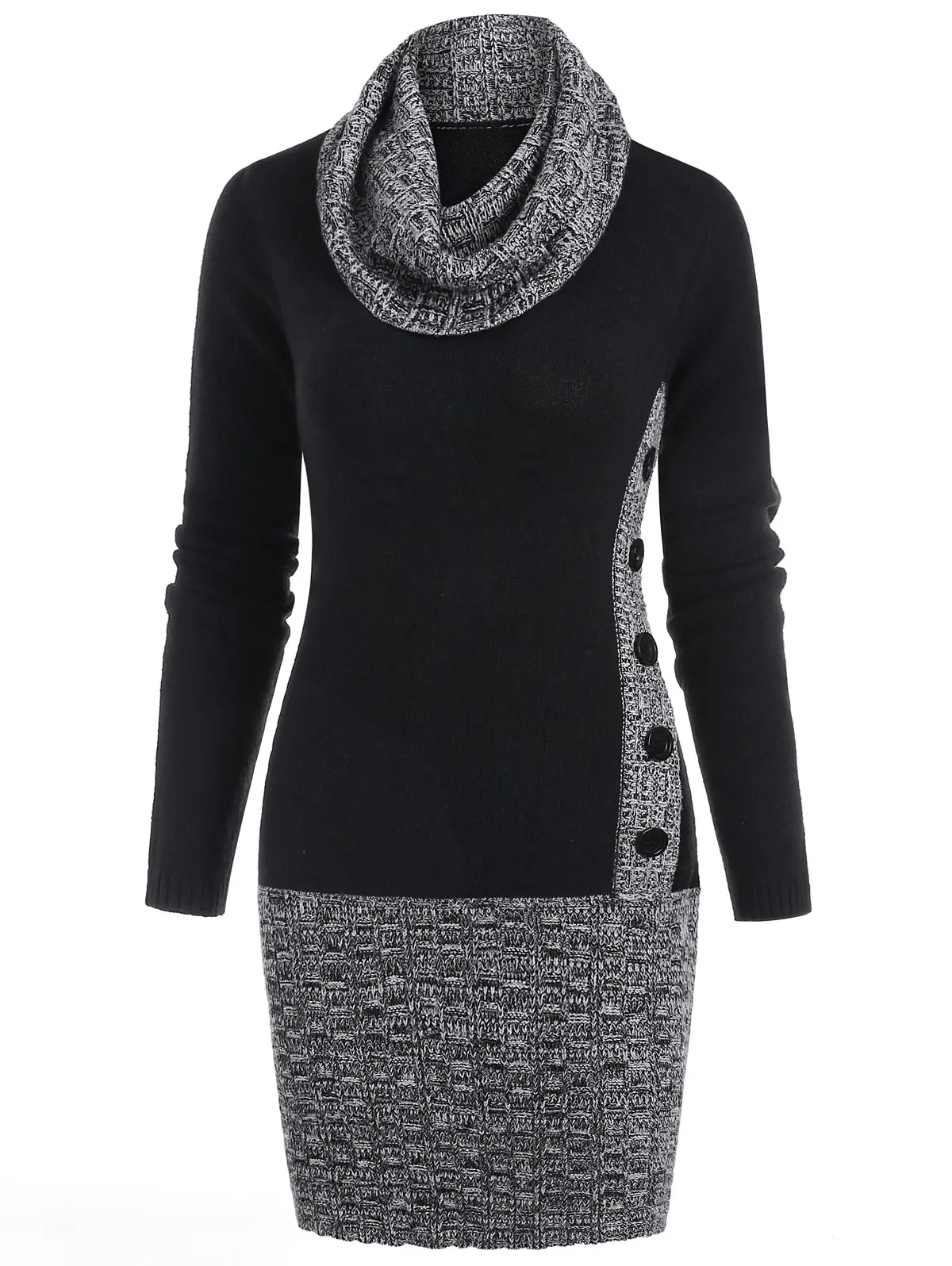 Wipalo Women Panel Cowl Neck Bodycon Sweater Dress Buttons Detail