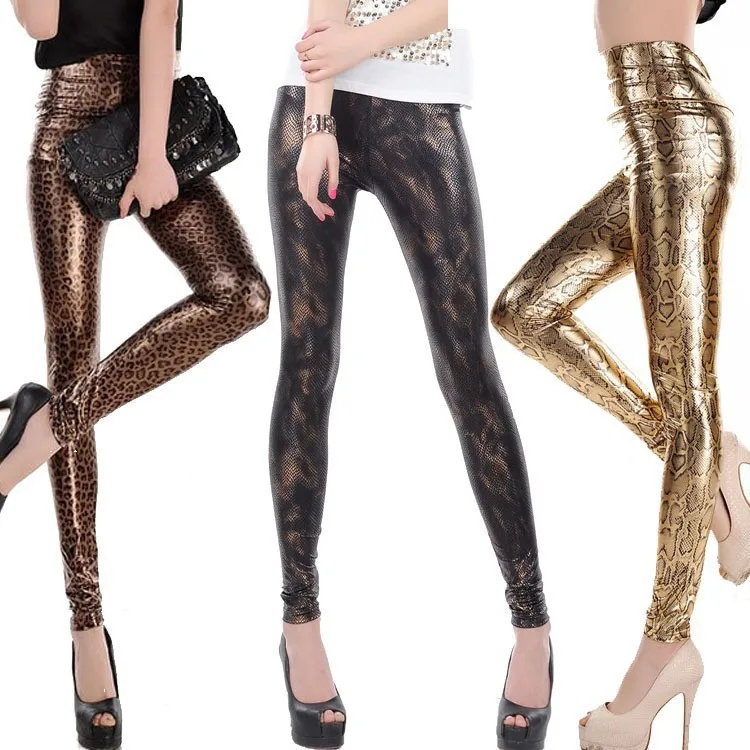 

Lady fashion slim leggings High Waist Skinny legging women black gold snake printed pant small size faux leather pants
