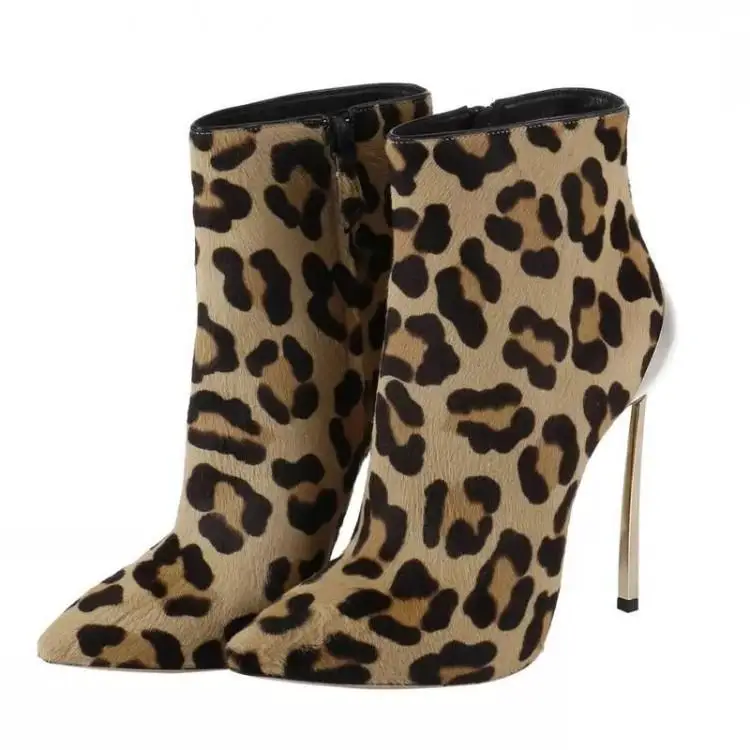 

Hot Sale Leopard Short Boots Spring Autumn Pointed Toe High Heel Boots Women Zipper Metal Stiletto Heels Shoes Free Ship