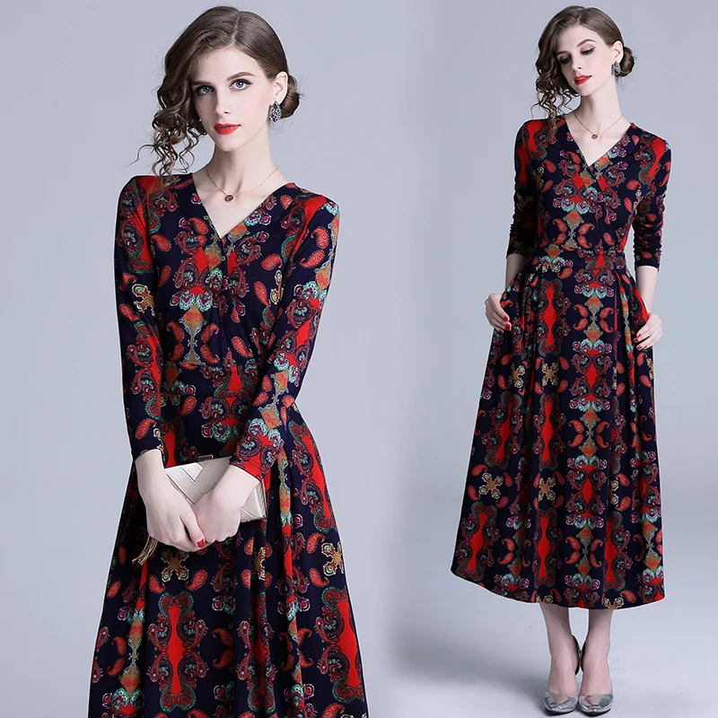 

Runway Dresses 2019 Women Quality knit Vintage Print Party Dresses Designer Long Maxi Dress Vestidps Robe Femme