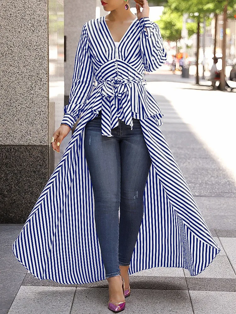 

Fashion Women Elegant Stripe Long Shirt Blouse Clothing V Neck Bandage Long Sleeve Stripe Tops Tunic Curve Bottom Blouse Tops
