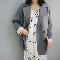 2019 двубортный Длинный блейзер для отдыха маленький костюм куртка корейский Блейзер однотонного цвета негабаритных пальто