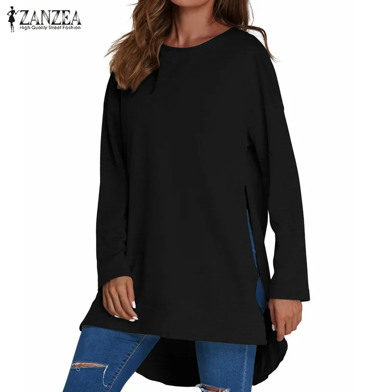 

Women Hoodies Sweatshirts ZANZEA 2019 Autumn Casual Loose Pullovers O Neck Long Sleeve Asymmetrical Split Hem Solid Hooded Tops
