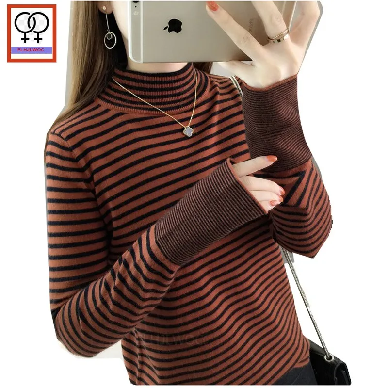 

Autumn Winter Basic Pullovers Sweaters Women Long Sleeve Casual Turtleneck Tops Striped Patchwork Knitted Top Sweater Brown 163