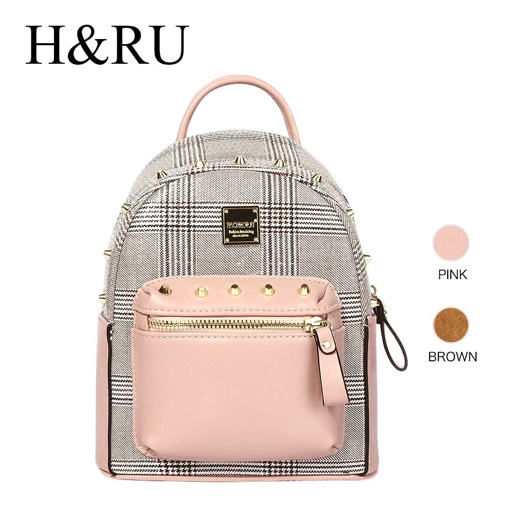 

H&RU Fashion Women's Backpacks Leather School Bag for Girls Travel Backpack Back Bags Plaid Pattern Rivet Female Shoulder Bag