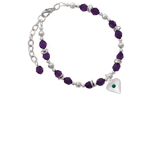 Silvertone Large May - Green Crystal Heart Purple Beaded Bracelet |