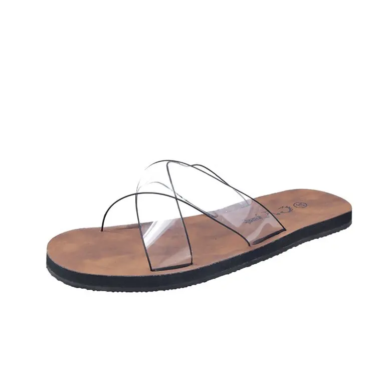 

35-40 Women Flat Slippers Transparent PU Cross 1cm Heel Ladies Girl Designer 2019 Summer Soft Female Shoes