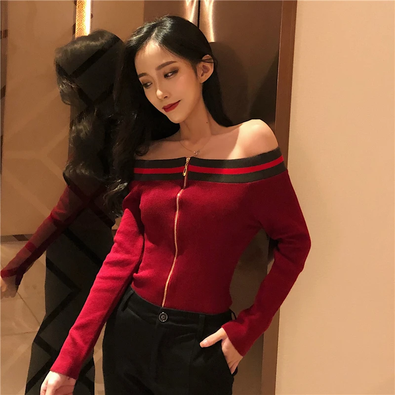 

Women Slash Neck Knitted Sexy Full Sleeve Sweater Cardigan Lady Knitting Knitwear Sweaters Tops For Female